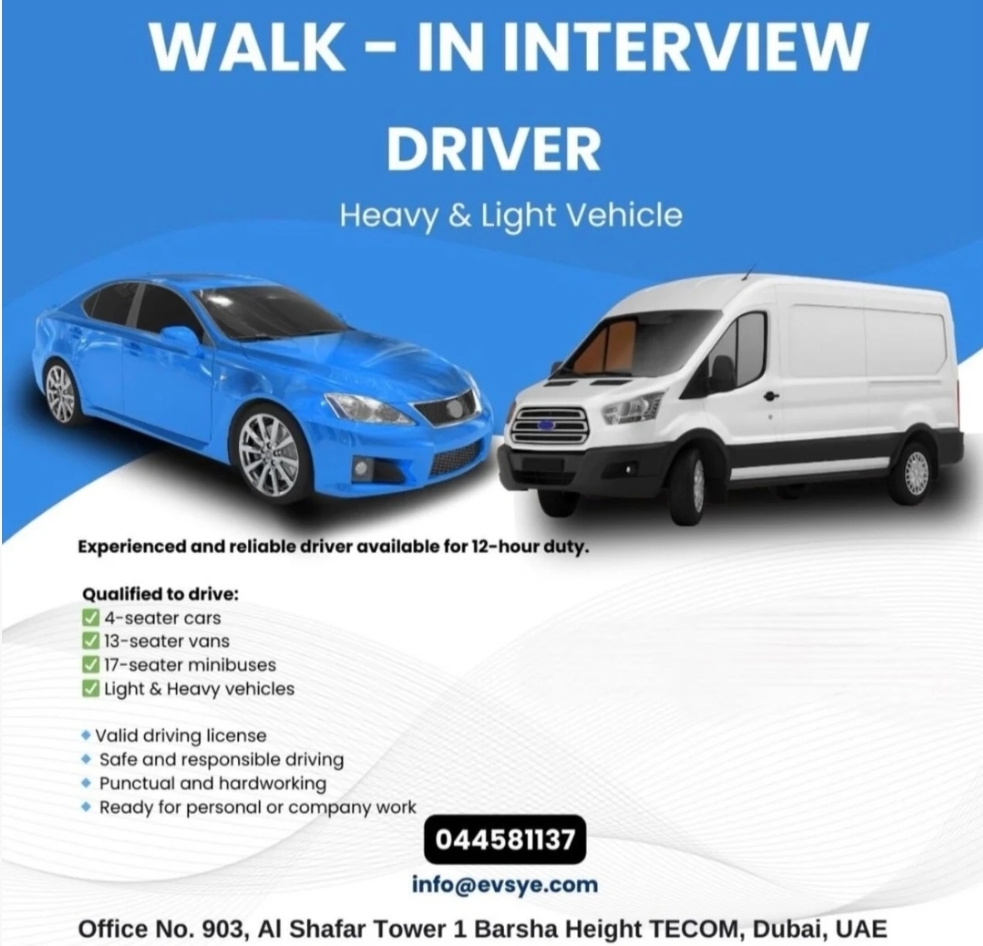 Walk in Interview for Driver's in Dubai